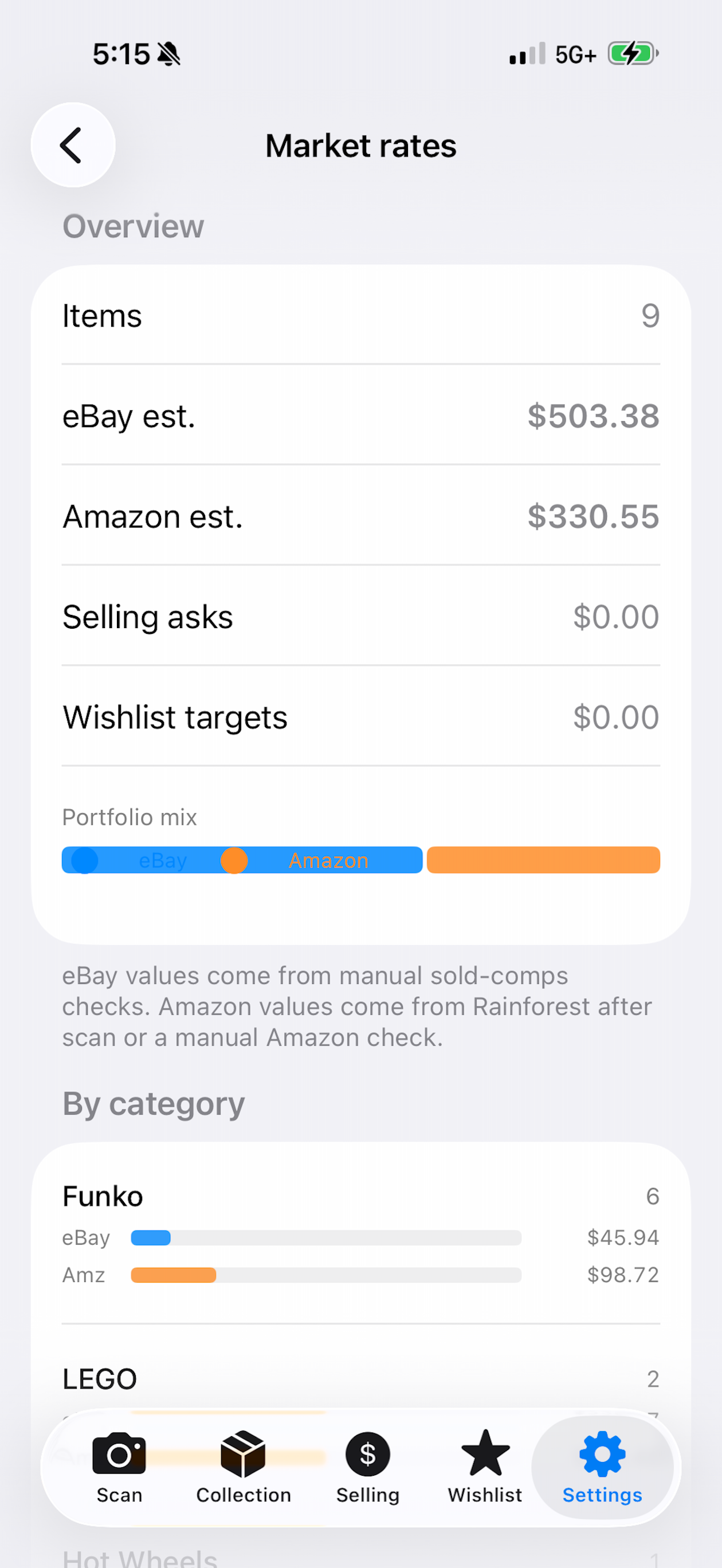 Snap Collectibles iOS market value, sold comps, and portfolio research screen
