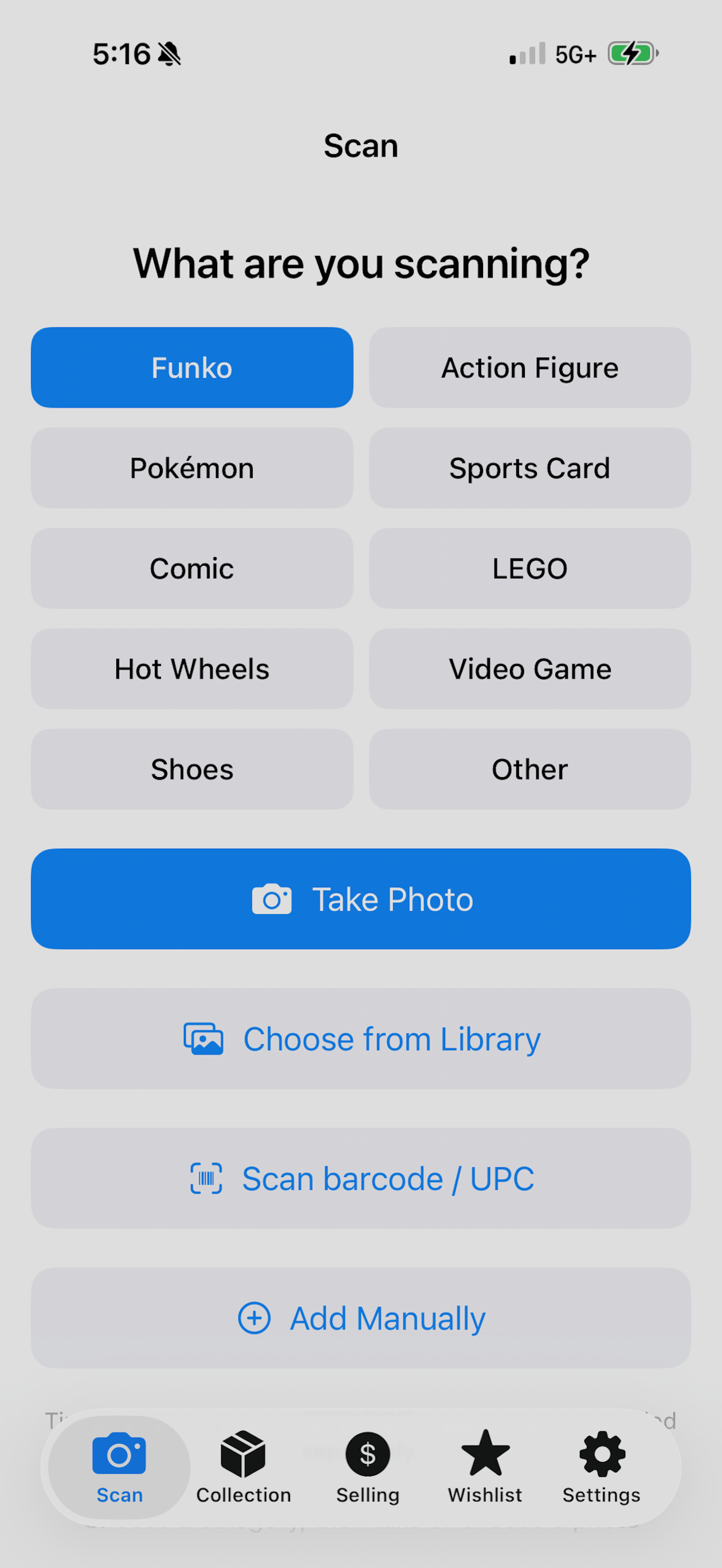 Snap Collectibles iOS category selection and camera scan screen