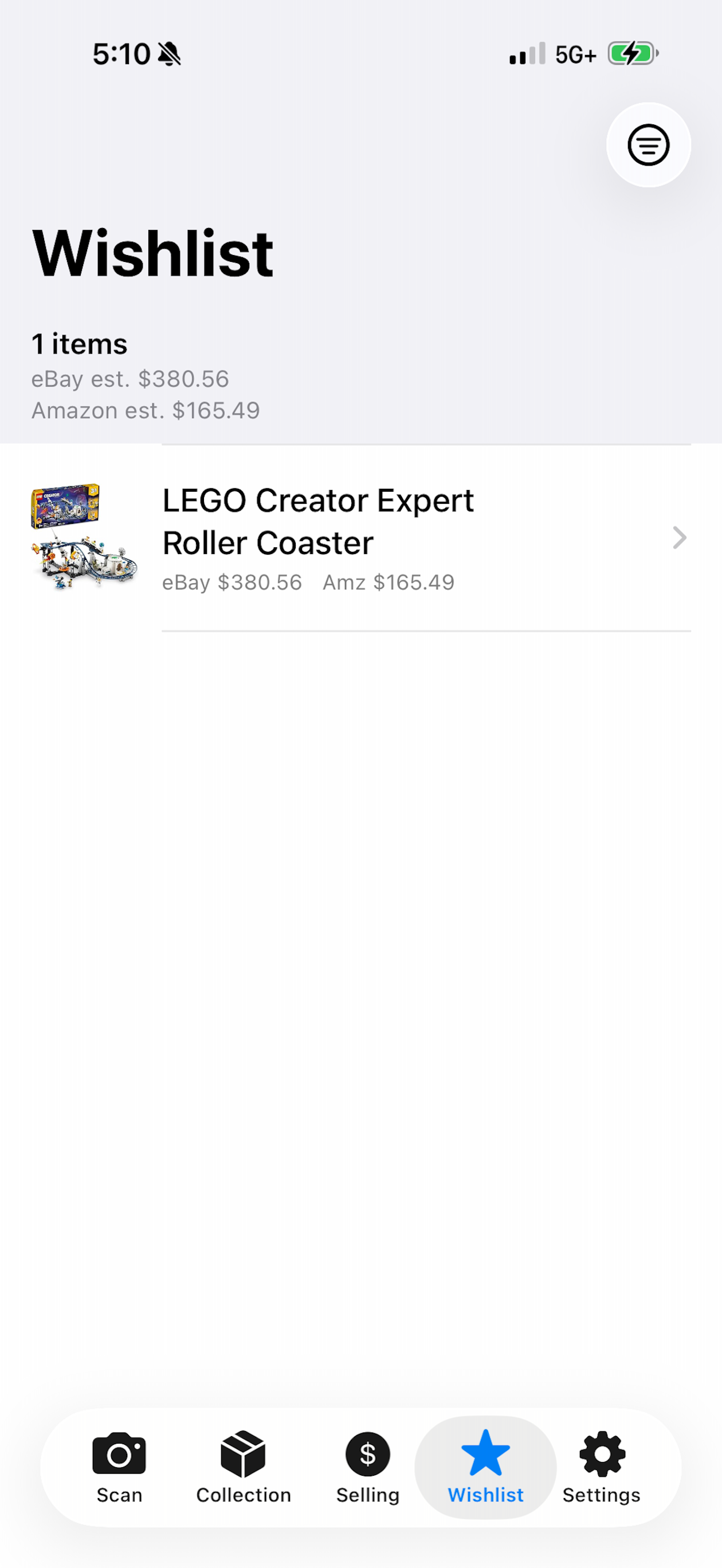 Snap Collectibles iOS wishlist tracking screen