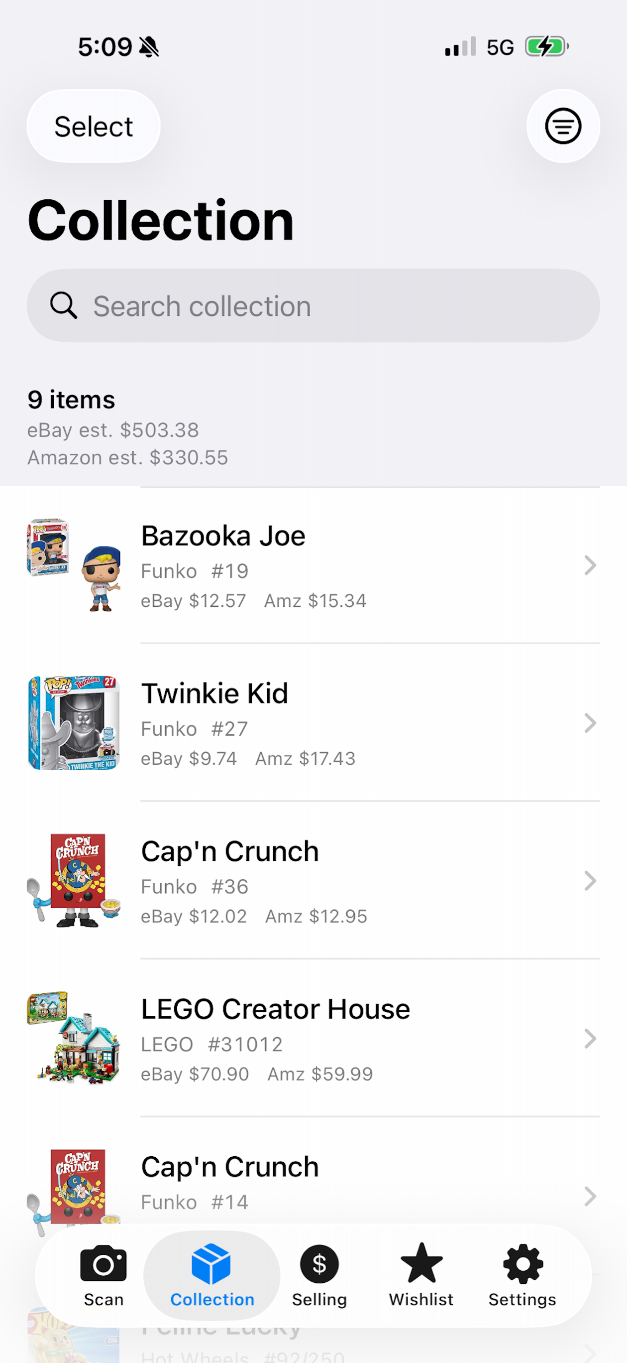 Snap Collectibles iOS collection overview and vault screen