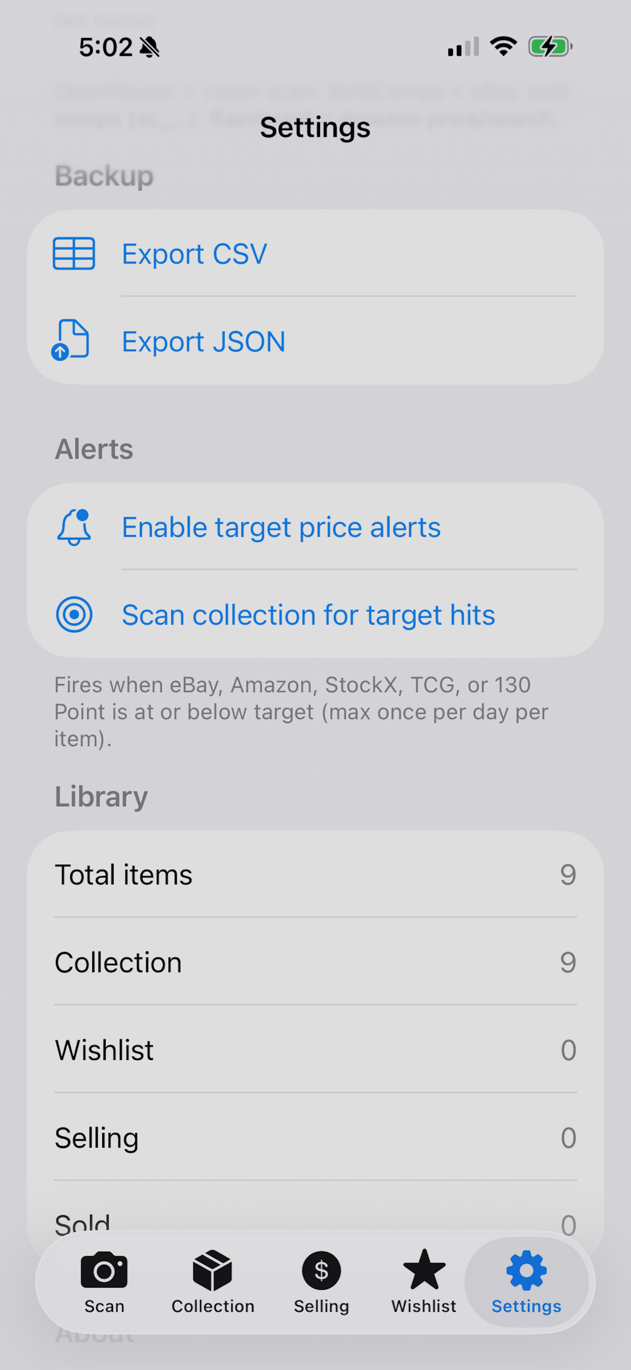 Snap Collectibles iOS settings screen